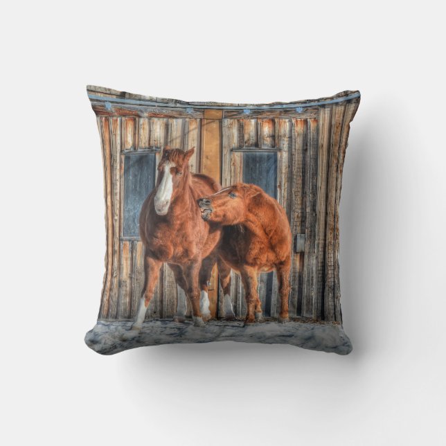 Two Cheeky Horses and a Barn Equine Photo Cushion (Front)