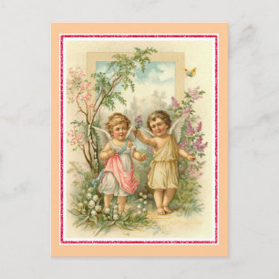 "Two Cherubs in a Garden" Vintage Postcard