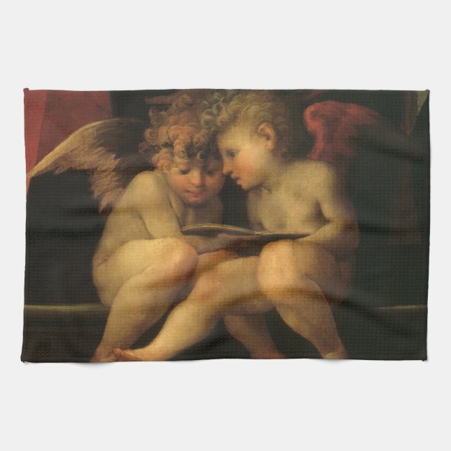 Two Cherubs Reading by Rosso Fiorentino, Angels Tea Towel (Horizontal)