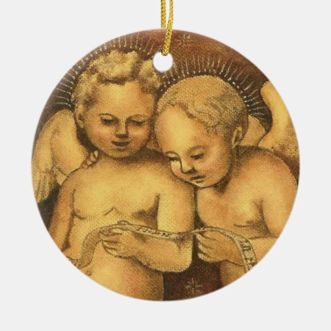 "Two Cherubs Singing" Christmas Ornament-Angels Ceramic Tree Decoration (Front)