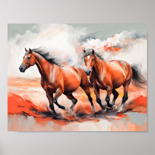 Two Chestnut Horses Running Through Red Sand Poster