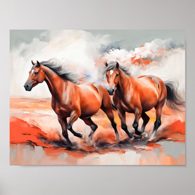 Two Chestnut Horses Running Through Red Sand Poster (Front)