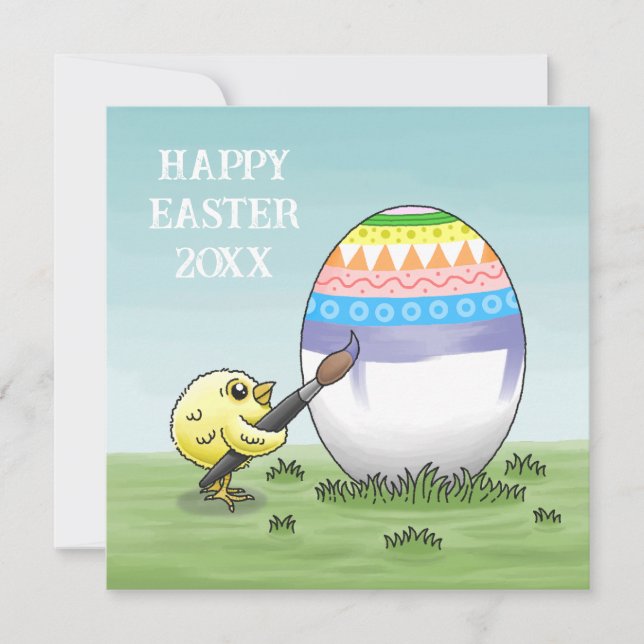Two chickens paint a colorful Easter egg Holiday Card (Front)