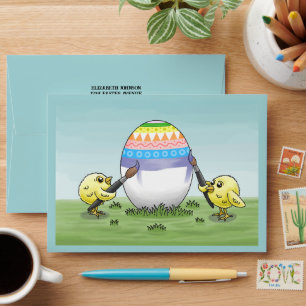Two chickens paint a colourful Easter egg Envelope