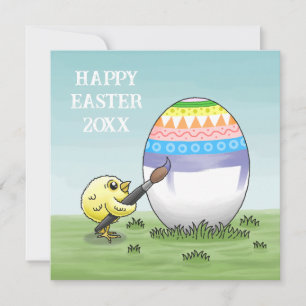 Two chickens paint a colourful Easter egg Holiday Card