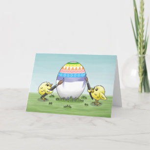 Two chickens painting an Easter egg Holiday Card