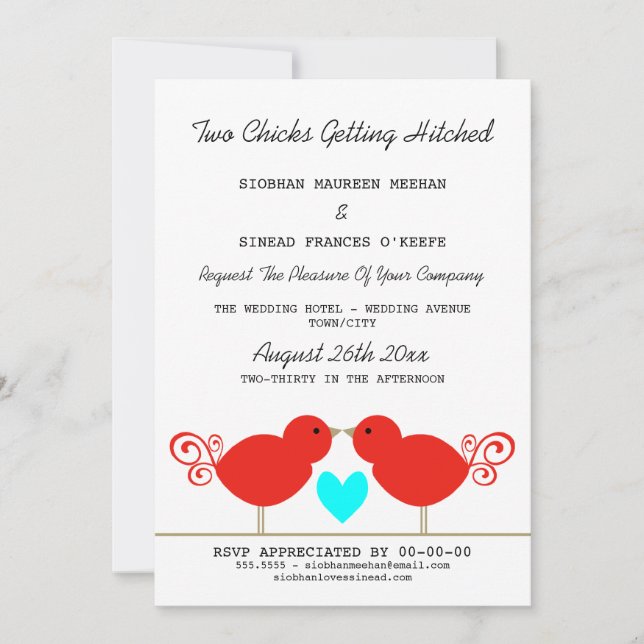 Two Chicks Getting Hitched Lesbian Wedding Invitation (Front)