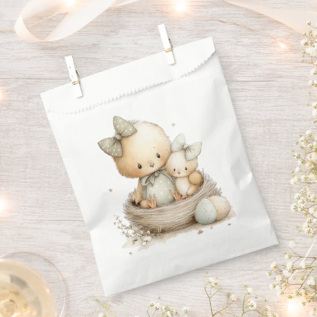 two chicks with a bow in a wicker basket with East Favour Bags (Clipped)
