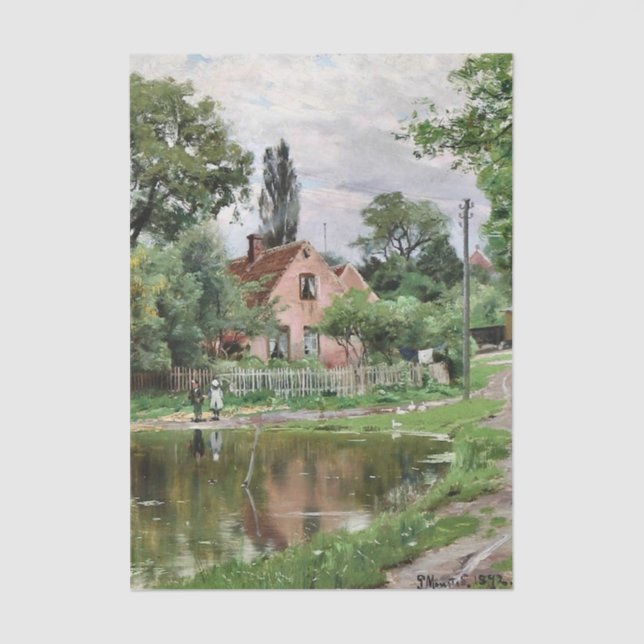 Two Children by a Duck Pond by Peder Mork Monsted Tissue Paper (Front)