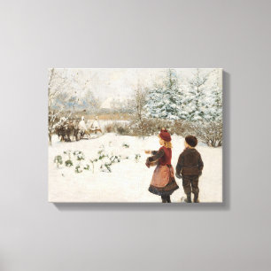 Two Children Feeding Birds in the Snow Canvas Print