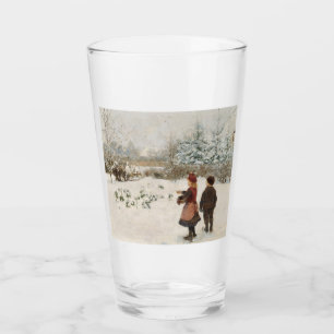 Two Children Feeding Birds in the Snow Glass