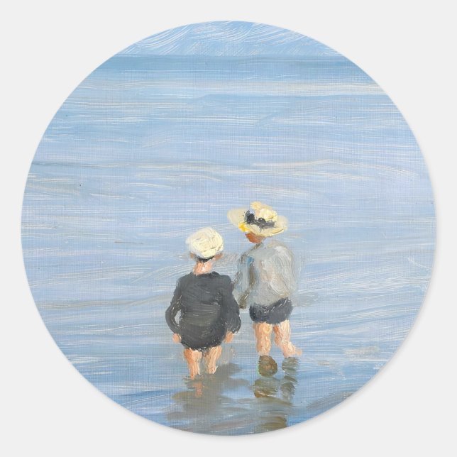 Two children paddling at Skagen Beach, PS Kroyer Classic Round Sticker (Front)