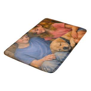 Two Children with Sleeping Puppy – Bath Mat