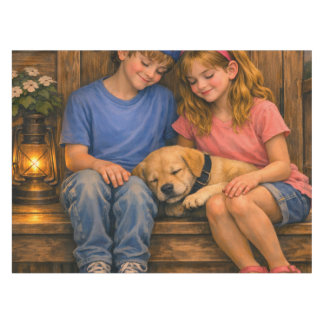Two Children with Sleeping Puppy Rustic Tablecloth