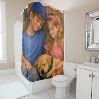Two Children with Sleeping Puppy Shower Curtain