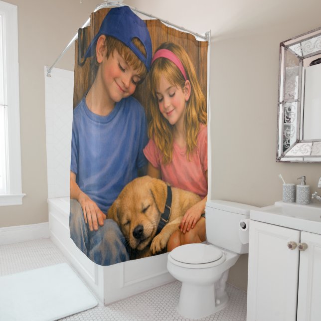 Two Children with Sleeping Puppy Shower Curtain (In Situ)