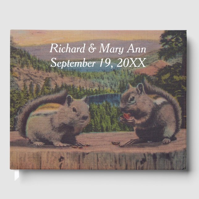 Two Chipmunks on Stump in Mountains Lake Guest Book (Front)