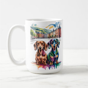 Two Colorful Dachshunds in European City Square Coffee Mug