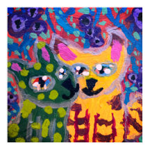 two colourful cats kissing in front of flowers
