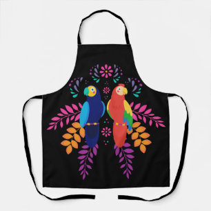 Two colourful cockatoos one blue and one orange apron