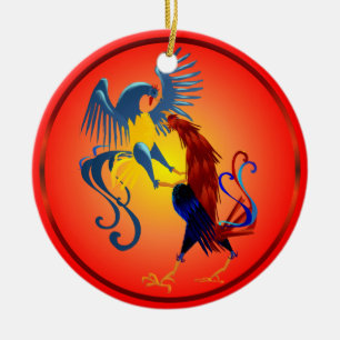 Two Colourful Fighting Roosters Ornament