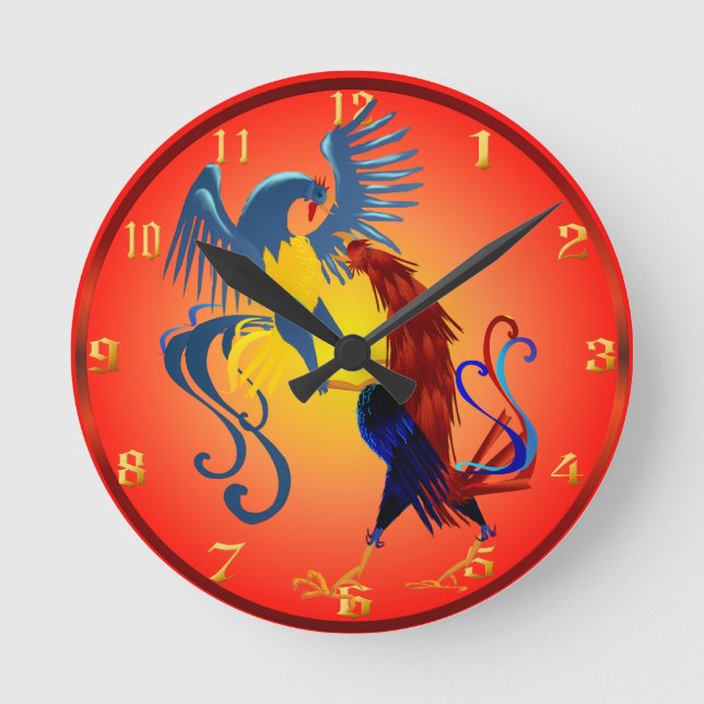 Two Colourful Fighting Roosters Wallclock (Front)