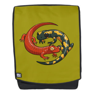 Two Colourful Smiling Salamanders Entwined Cartoon Backpack