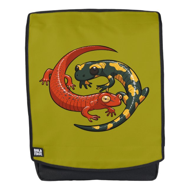 Two Colourful Smiling Salamanders Entwined Cartoon Backpack (Front)