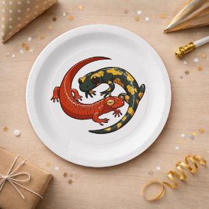 Two Colourful Smiling Salamanders Entwined Cartoon Paper Plate