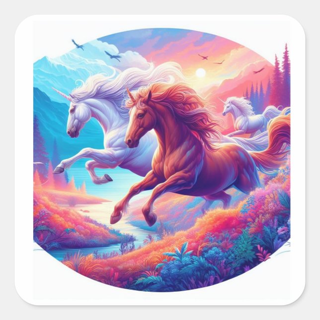 Two Colourful Unicorns  Square Sticker (Front)