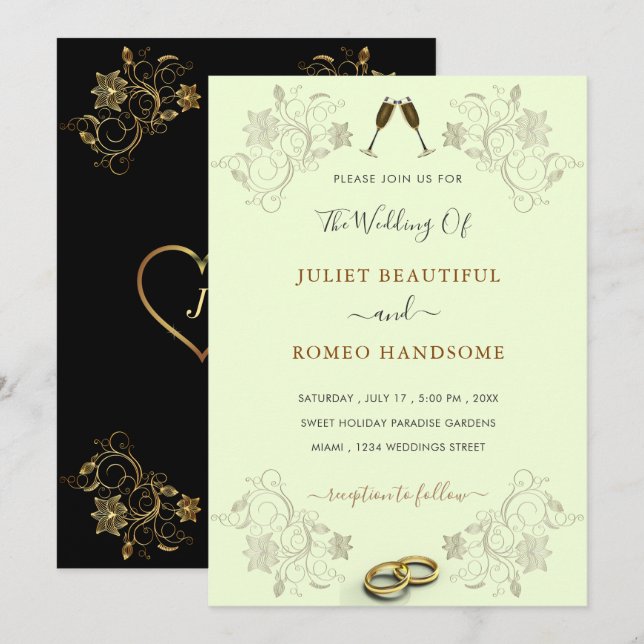 Two Colours Black Gold Rings Wedding Invitation (Front/Back)