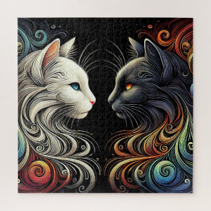 Two Contrasting Cat Faces with Vibrant Swirls Jigsaw Puzzle