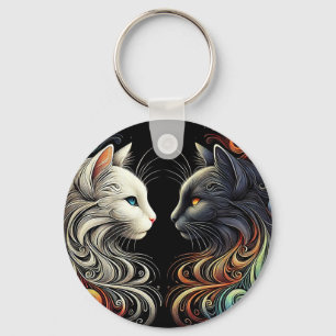 Two Contrasting Cat Faces with Vibrant Swirls Key Ring