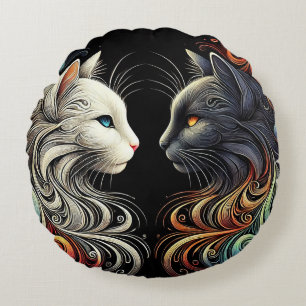 Two Contrasting Cat Faces with Vibrant Swirls Round Cushion