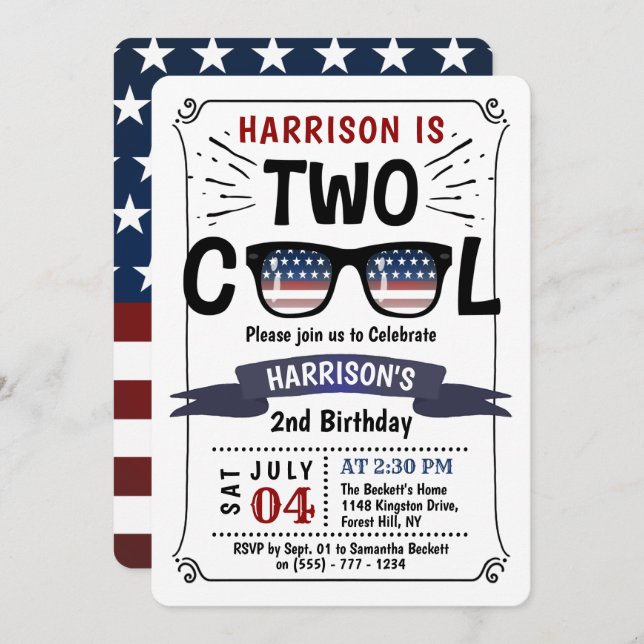 Two Cool 4th Of July Boys 2nd Birthday Invitation (Front/Back)
