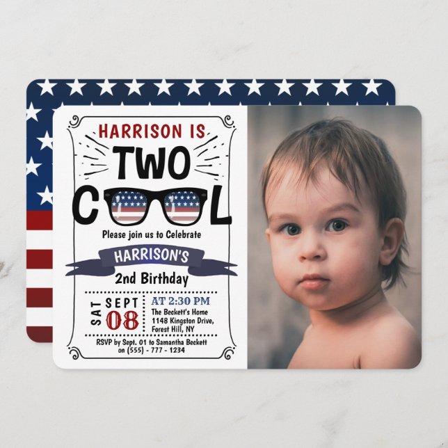 Two Cool 4th Of July Boys Photo 2nd Birthday Invitation (Front/Back)