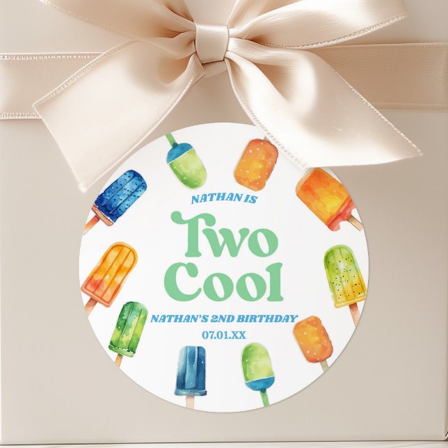 Two Cool Blue Retro Popsicle 2nd Birthday Party Classic Round Sticker (Creator Uploaded)