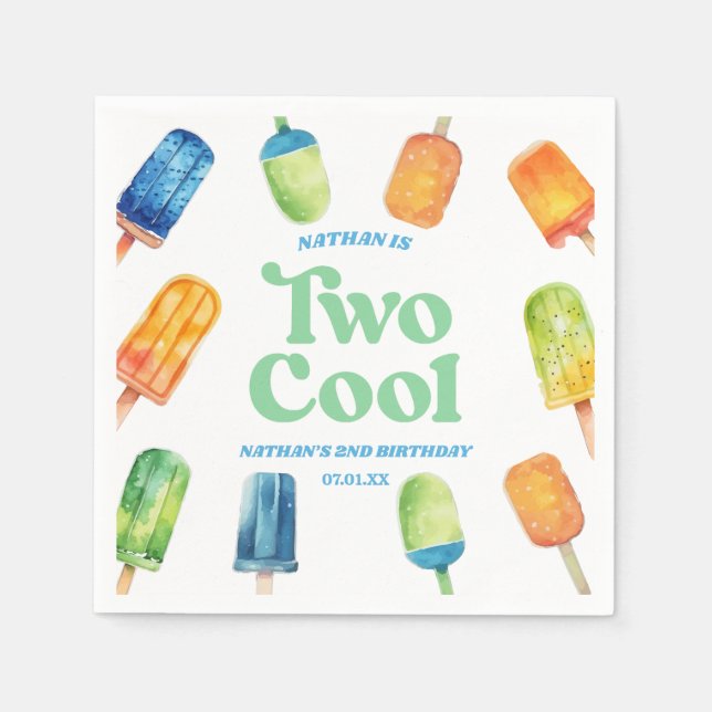 Two Cool Blue Retro Popsicle 2nd Birthday Party Napkin (Front)