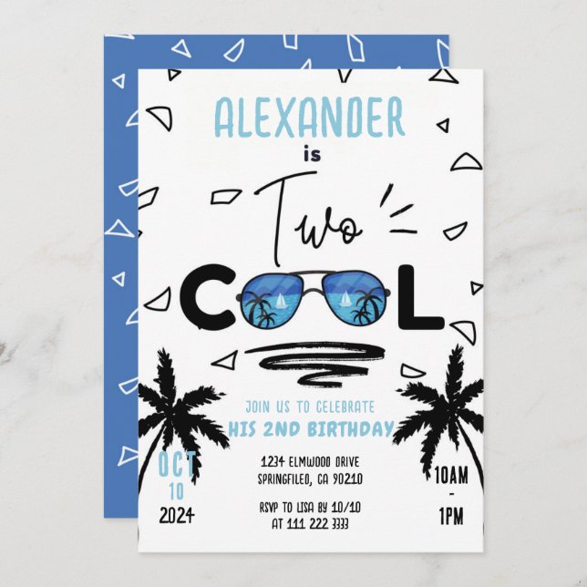 Two Cool Boy 2nd Summer Birthday Sunglasses Invitation (Front/Back)