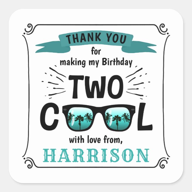 Two Cool Boys 2nd Birthday Party Favour Square Sticker (Front)
