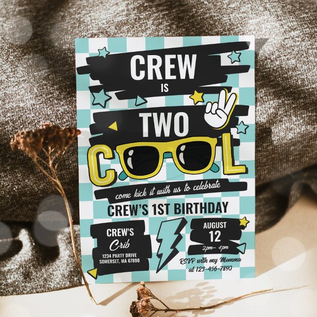 Two Cool Chequered Sunglasses 2nd Birthday Party Invitation (Creator Uploaded)