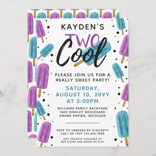 TWO COOL Kid's 2nd Birthday Summer Ice Pop Party Invitation (Front/Back)