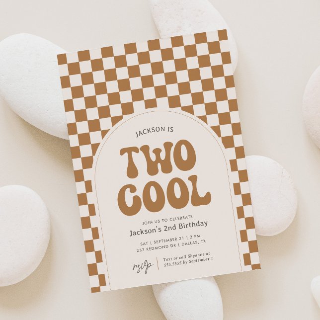 Two Cool Mustard Retro Chequered 2nd Birthday Invitation (Creator Uploaded)