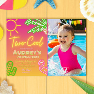 Two Cool Neon Pool Party Invitation with Photo