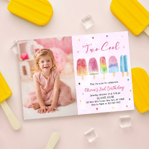 Two Cool Pink Popsicle Girl Birthday Photo Invitation