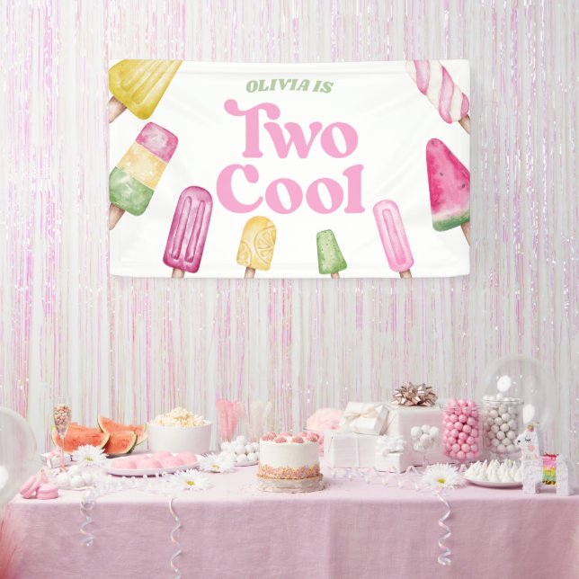 Two Cool Pink Retro Popsicle 2nd Birthday Party Banner (Party)