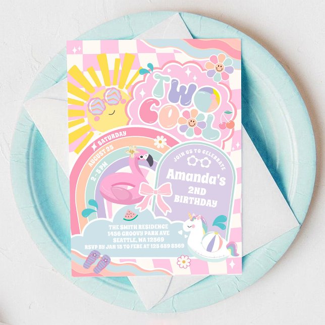 Two Cool Pool Party Rainbow 2nd Birthday  Invitation (Creator Uploaded)