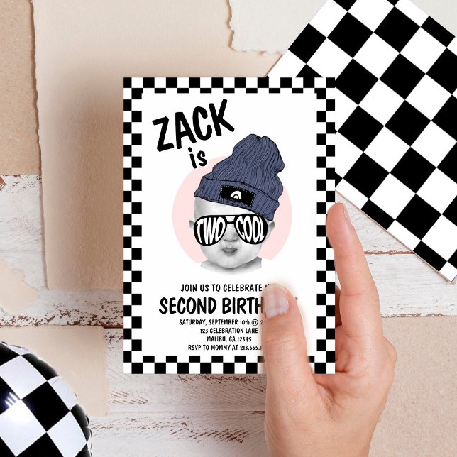Two Cool Second Birthday Modern Photo Black White Invitation (Creator Uploaded)