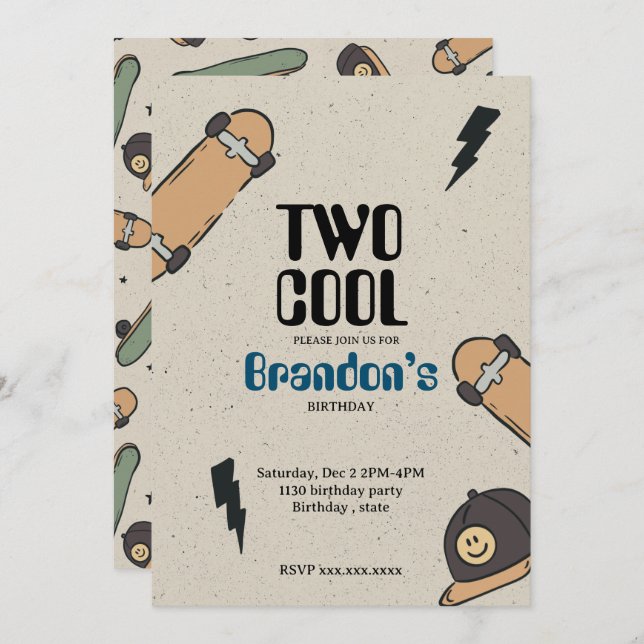 Two Cool Skateboard Birthday  Invitation (Front/Back)