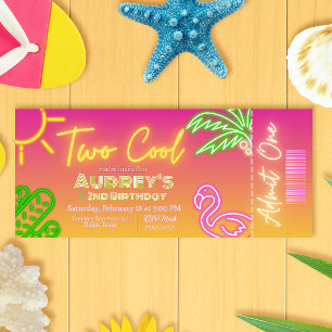 Two Cool Tropical Pink Neon Pool Party Ticket Invitation
